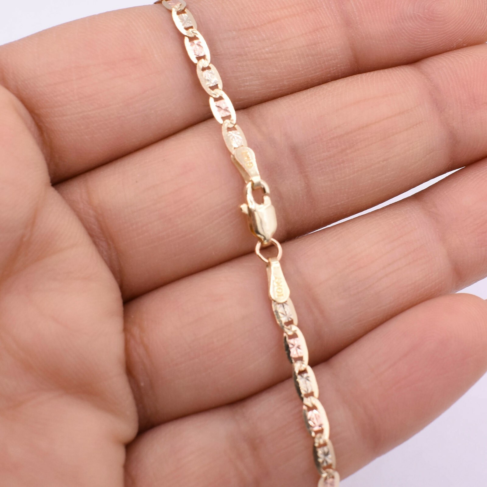 2.7mm Tri-Color Textured Valentino Mariner Anklet Real 10K Tri-Color Gold 10″