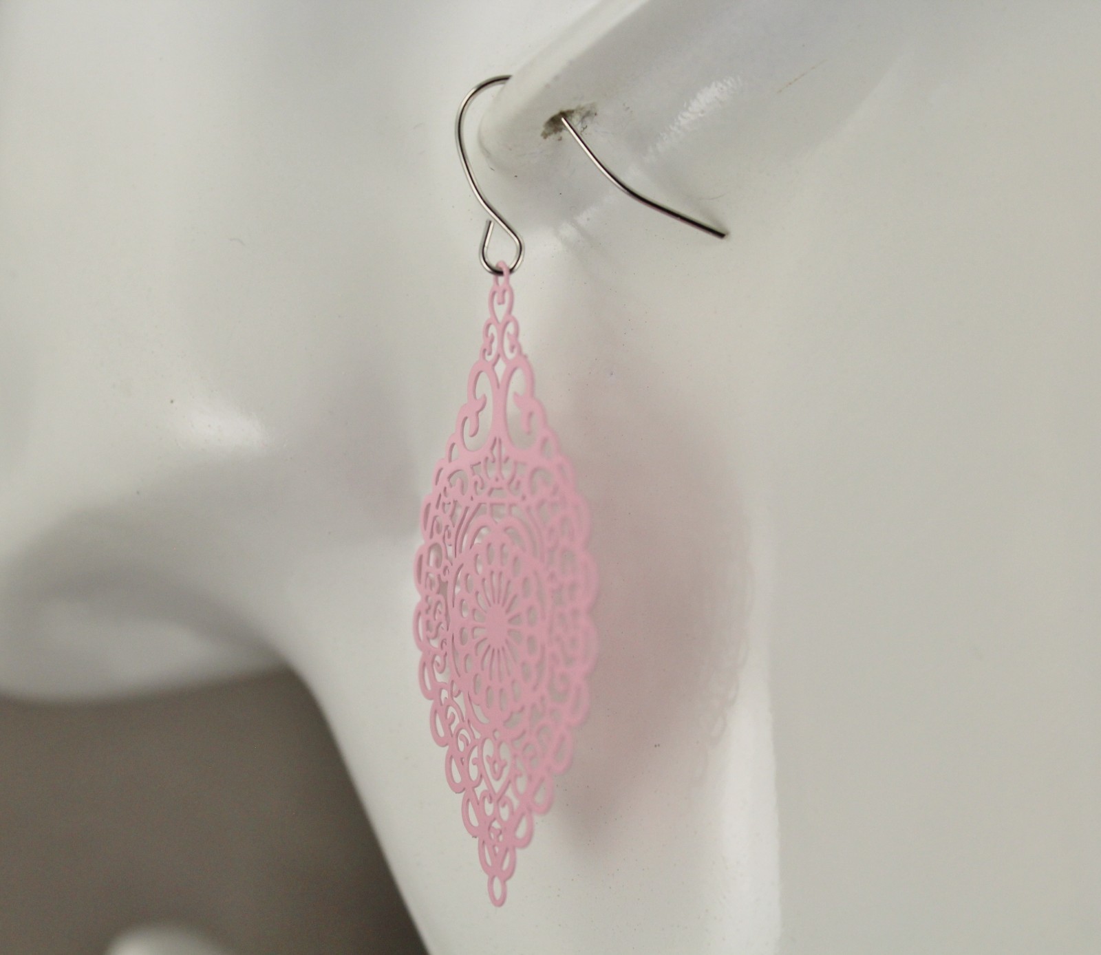 light Pink earrings teardrop dangle VERY lightweight filigree 2 3/8″ long floral