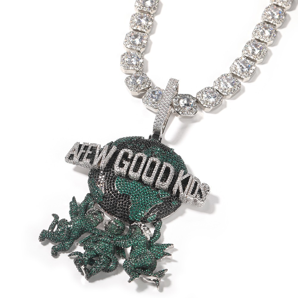 5AAA+ CZ Ice Out Hop Hip Bling A FEW GOOD KIDS 3 Angels Earth Pendant Chain