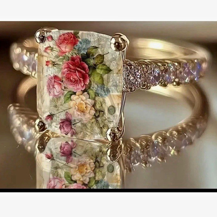 Silver Tone Floral Cocktail Ring Rectangle Multicolor Crystal Prong Set Size 8