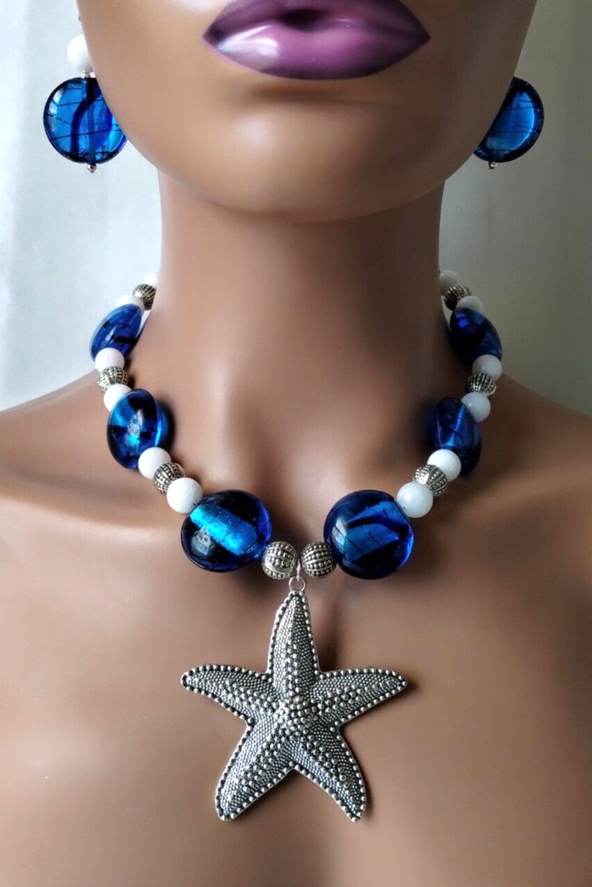 Silver Starfish Statement Necklace Set White Jade Cobalt Blue Glass