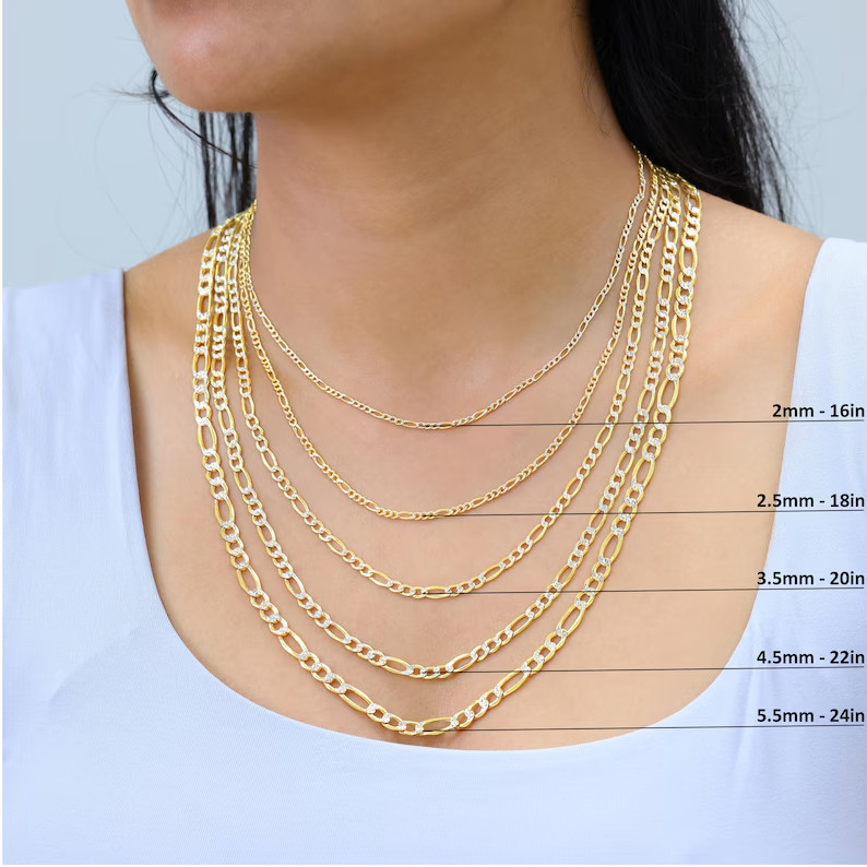 Real 14K Yellow Gold Diamond Cut Figaro Chain Necklace for Men & Women