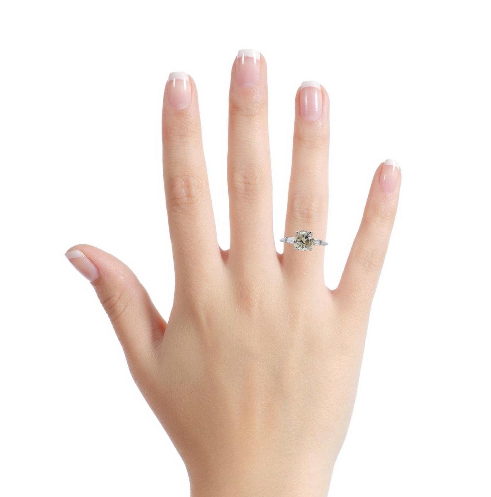 Platinum Light Yellow 1.44CT Round With Tapered Baguette Diamond 3 Stone Ring
