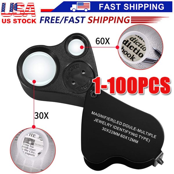 30X 60X Illuminated Jewelers Eye Loupe Foldable Magnifier Bright LED Light Gold