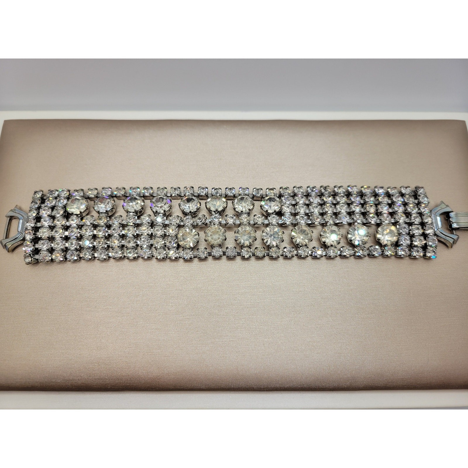 Vintage Weiss Rhinestone Wide Bracelet Rhodium Plated 1950s Mid-Century Glam
