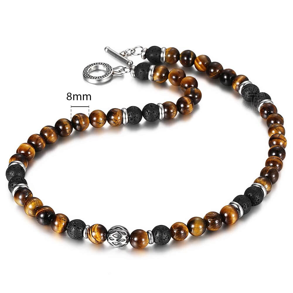 Men’s 8mm Natural Tiger Eye Lava Bead Necklace Stainless Steel Toggle 18/20/24″