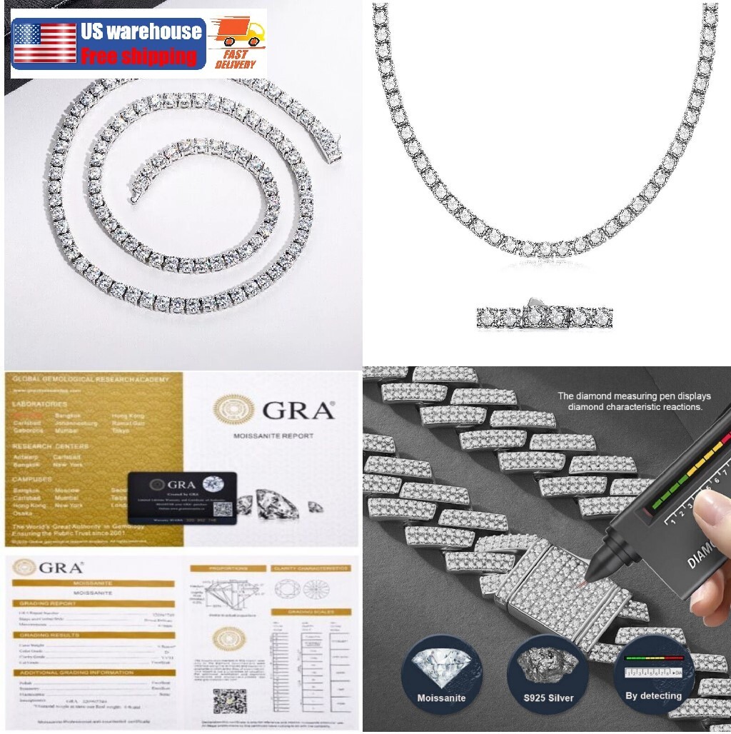 3mm 4mm 5mm MOISSANITE Tennis Chain Necklace 925 Sterling Silver Passes Tester