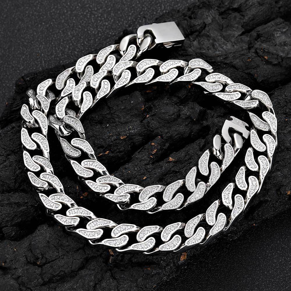 Steel Cuban Link Chain Necklace Full Zircon Mens Jewelry 12mm Hip Hop Stainless