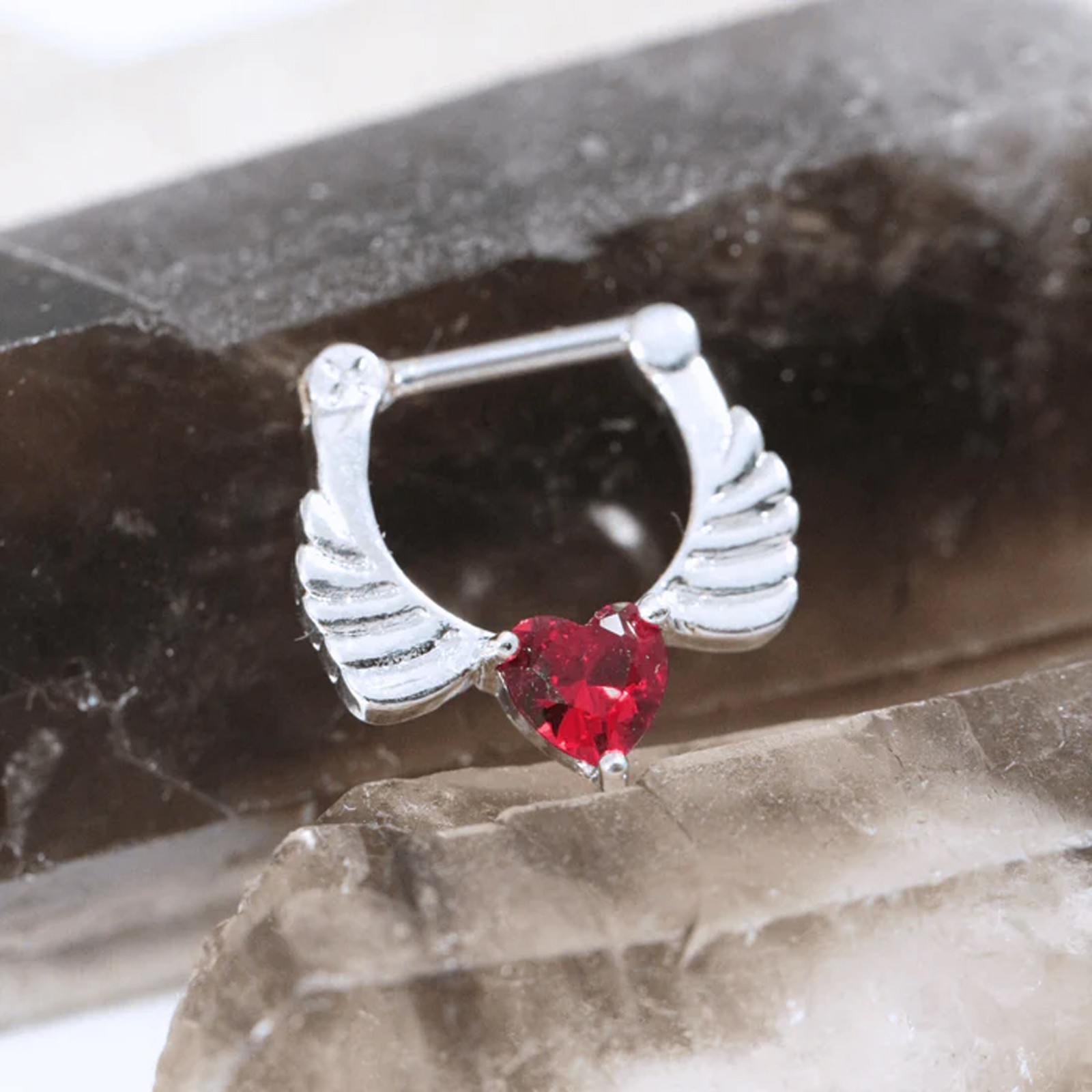 316L Surgical Steel Angel Wings Red Heart CZ Septum Clicker Hinged Nose Ring