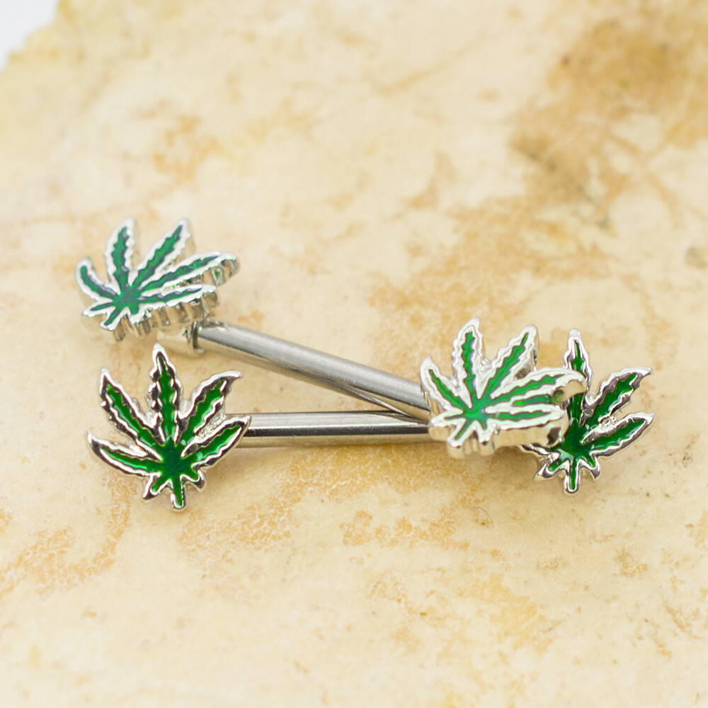 Nipple Barbells with Forward Facing Pot Leaf Design 14ga Sold as a Pair Surgical