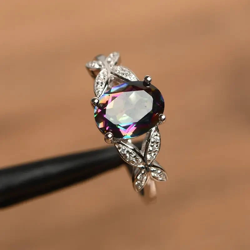 925 Sterling Silver Rainbow Mystical Fire Topaz Wedding Engagement Ring Size 7