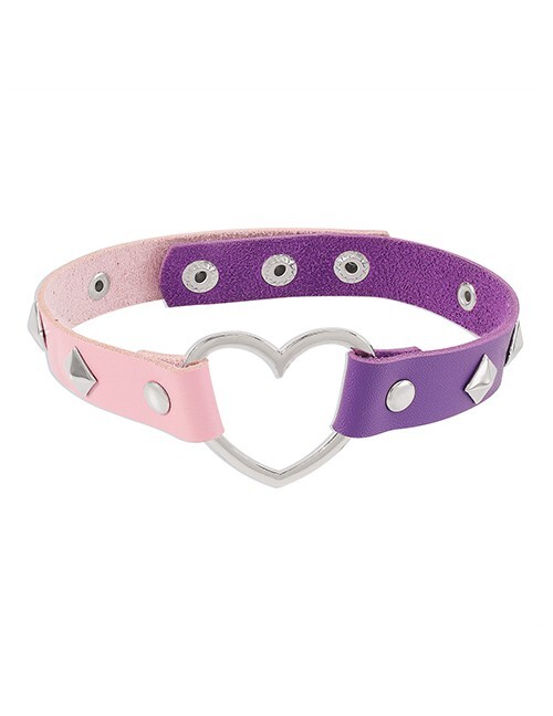 Silver Heart Pendant Choker Necklace Women Stud Snap Pink Purple Necklace