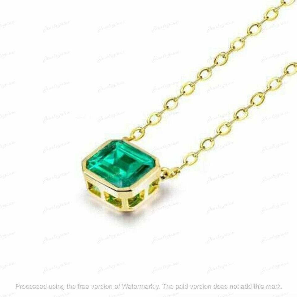 Asscher Cut 2Ct Lab Created Green Emerald Pendant Necklace 14K Yellow Gold Over