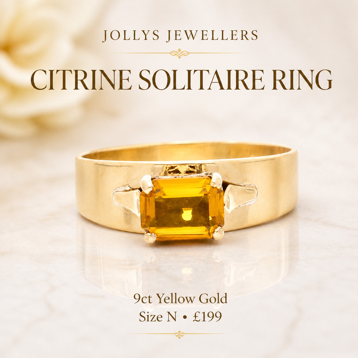 9Carat Yellow Gold Citrine Solitaire Ring (Size N) 7×5.5mm Head