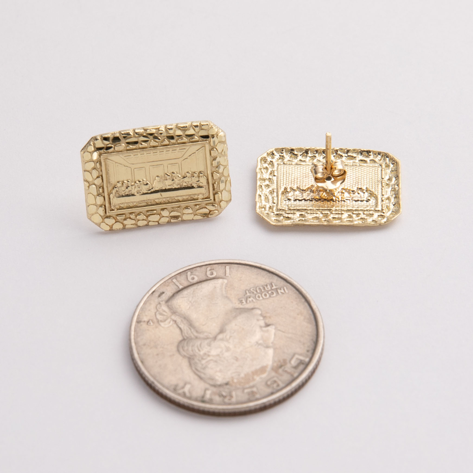 Solid 10K 1/2″ Diamond-Cut Last Supper Nugget Stud Earrings Yellow Gold All Size