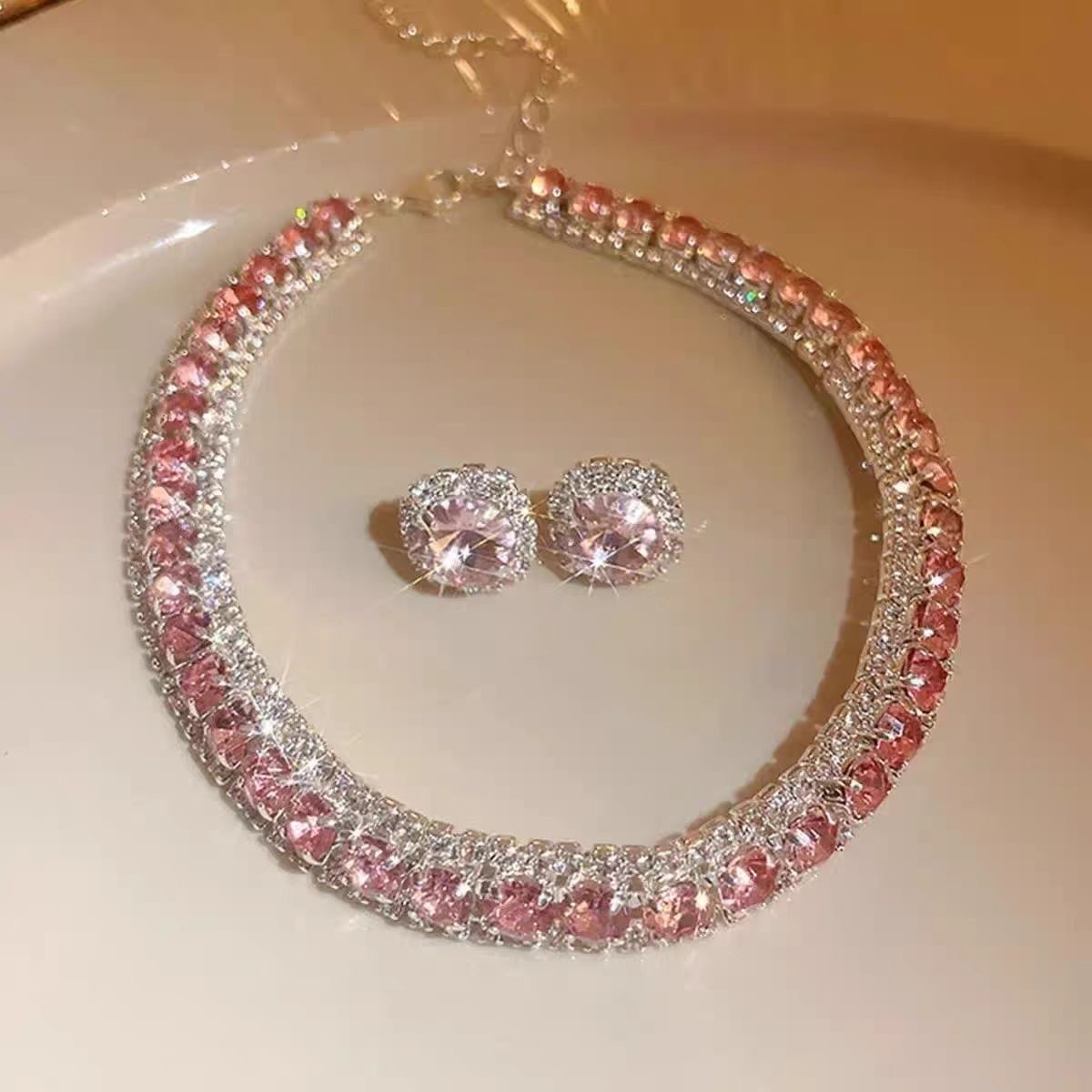Silver Plated Alloy Jewelry Set Cubic Zirconia Simulated Gem Necklace Earrings