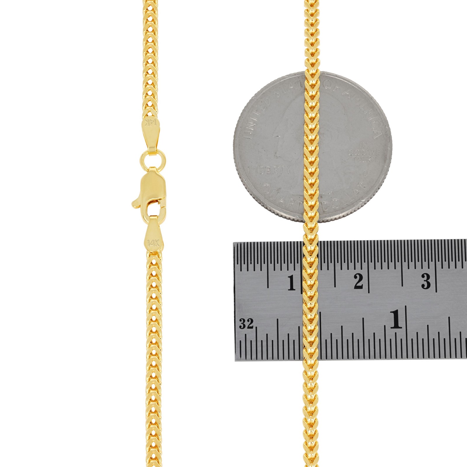 14K Yellow Gold 2.1mm Franco Box Wheat Spiga Chain Pendant Necklace 14″-24″