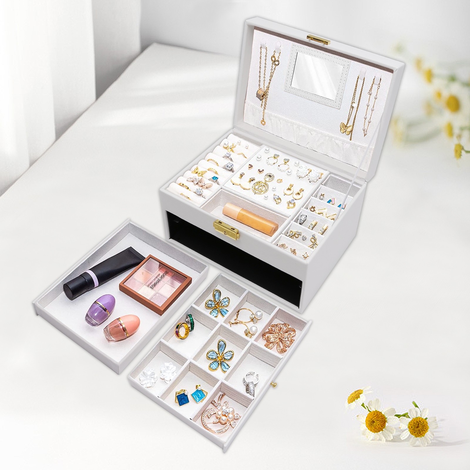 White 3-Layer Jewelry Box Portable Travel Storage Case with Mirror & Lock Key
