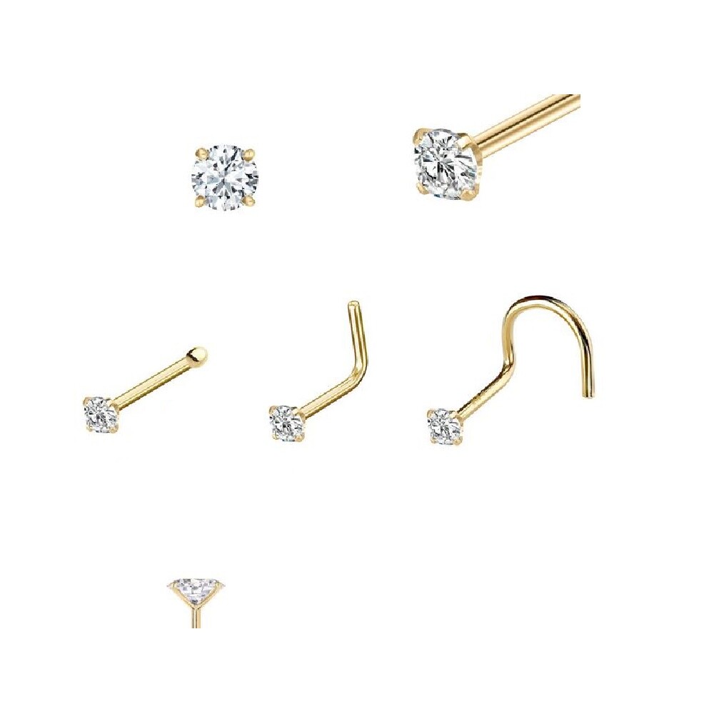 14K Yellow Gold 20G 18G Diamond Nose Ring With Choose L-Shape Nose Bone or Screw
