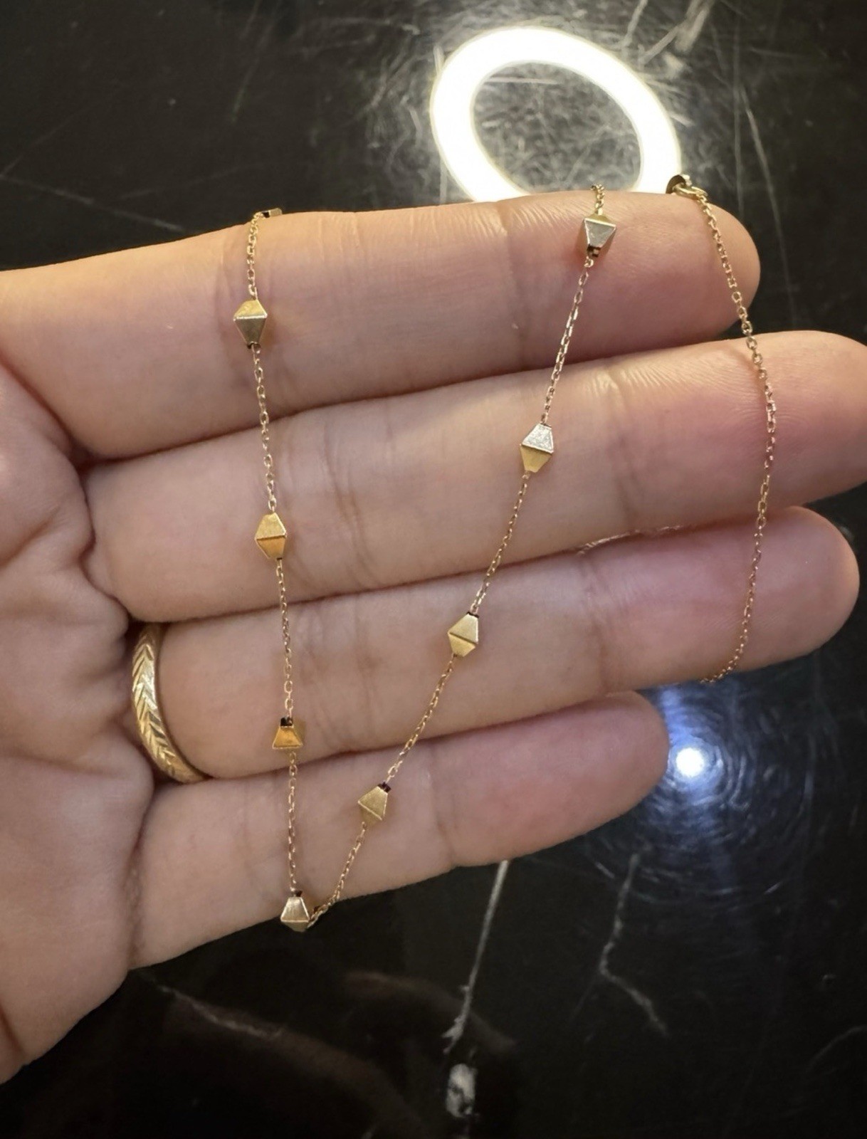 14k Solid Yellow Gold studded Geometric Station Necklace 17 inches Made in Italy