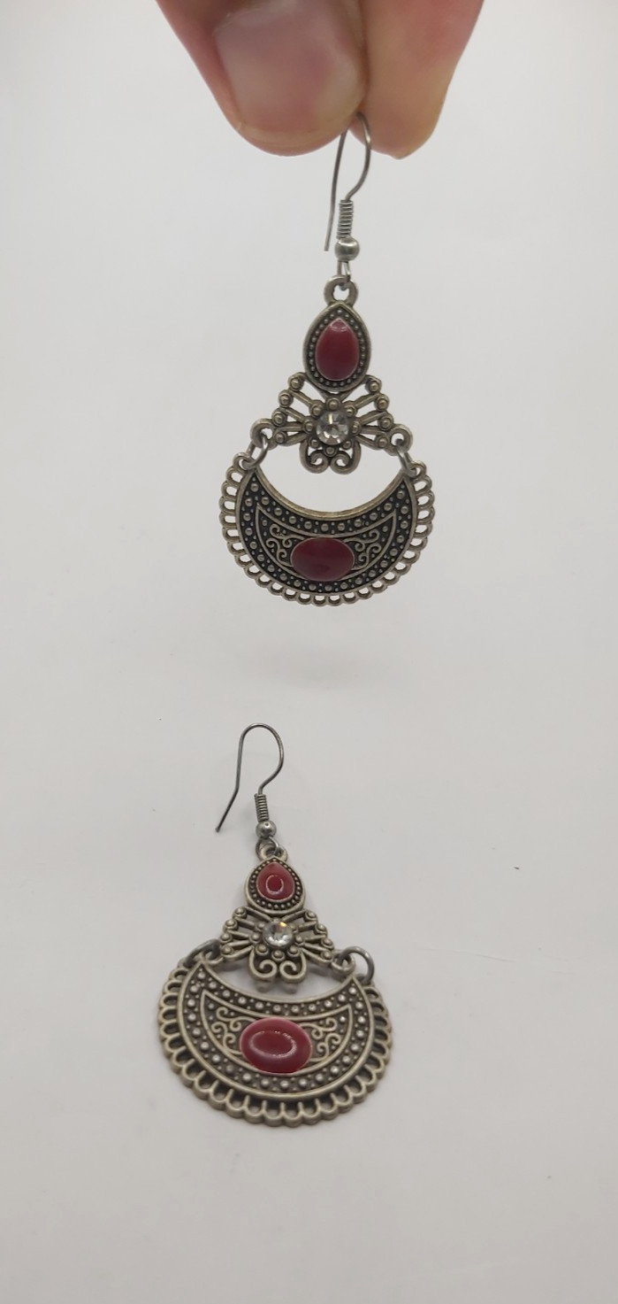 Vintage Berber Boho Silver Color Chandbali Crescent Dangle Earrings Red Rhinesto