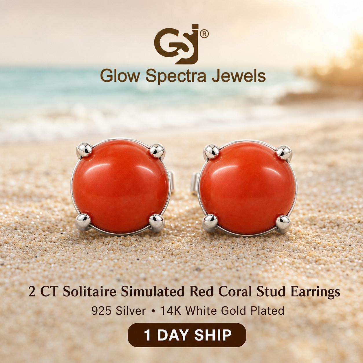 2.00CT Solitaire Red Coral Diamond Stud Erring 925 Silver 14k White Gold Plated