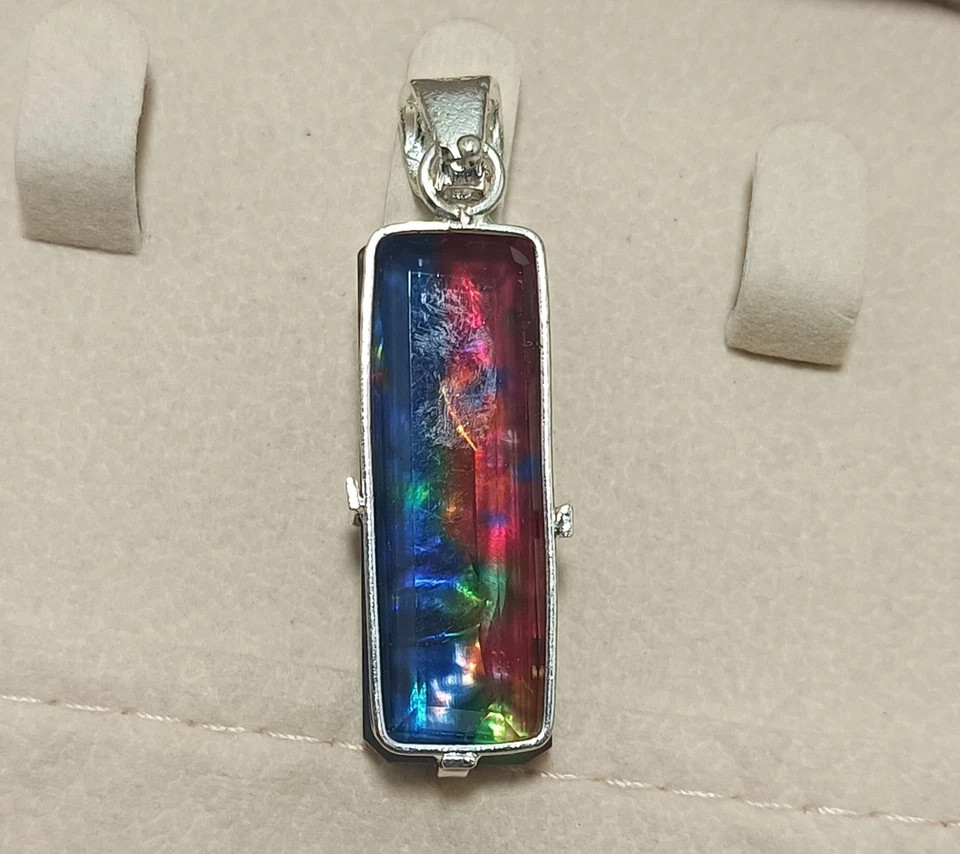 Certified 82.6 Ct Natural Ammolite 925 Silver Emerald Cut Pendant Loose Gemstone