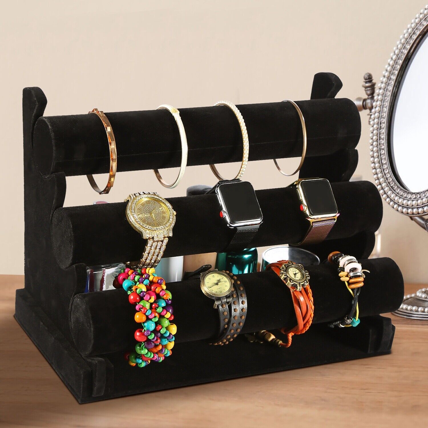 3-Tier Bracelet Display Stand Watch Holder Velvet Jewelry Bangle Rack Organizer