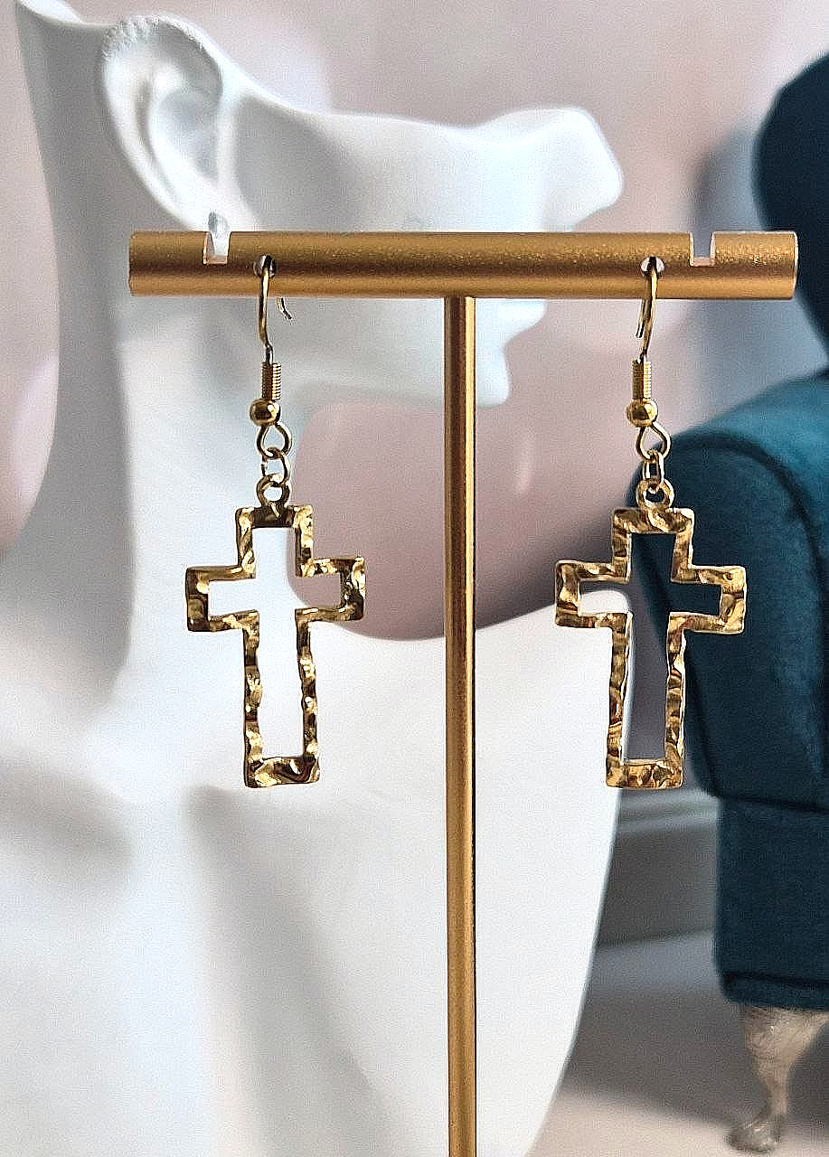 Stainless Steel Cross Pendant Earrings Vintage Hammered Texture Hollow Geometric