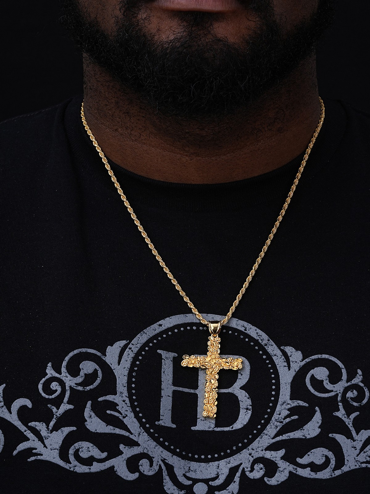 Mens Large Gold Nugget Cross 14k Gold Plated Solid 925 Silver Necklace Chain