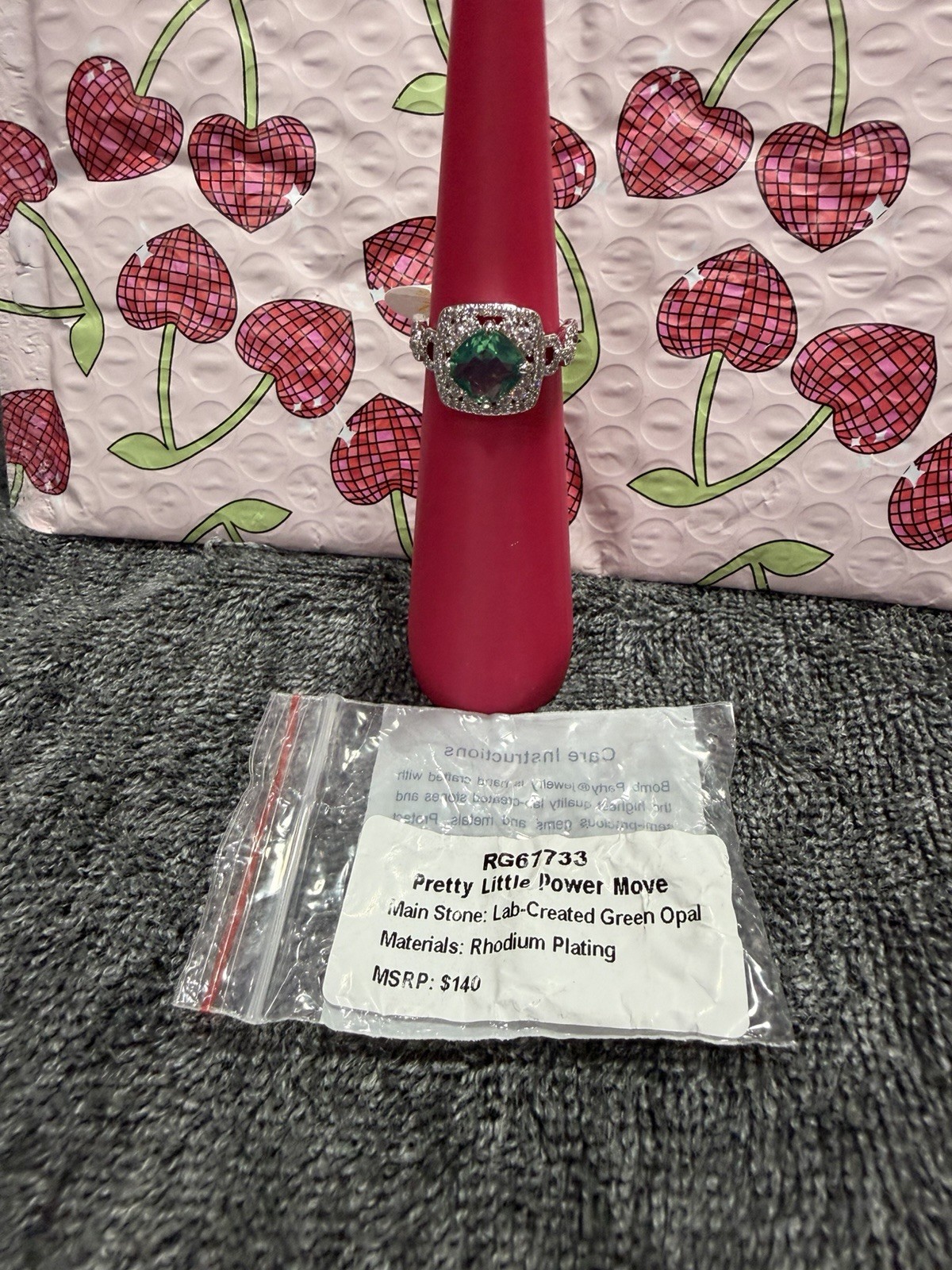 Bomb Party “Pretty Little Power Move” Lab Green Opal Rhodium Sz 7 RG67733