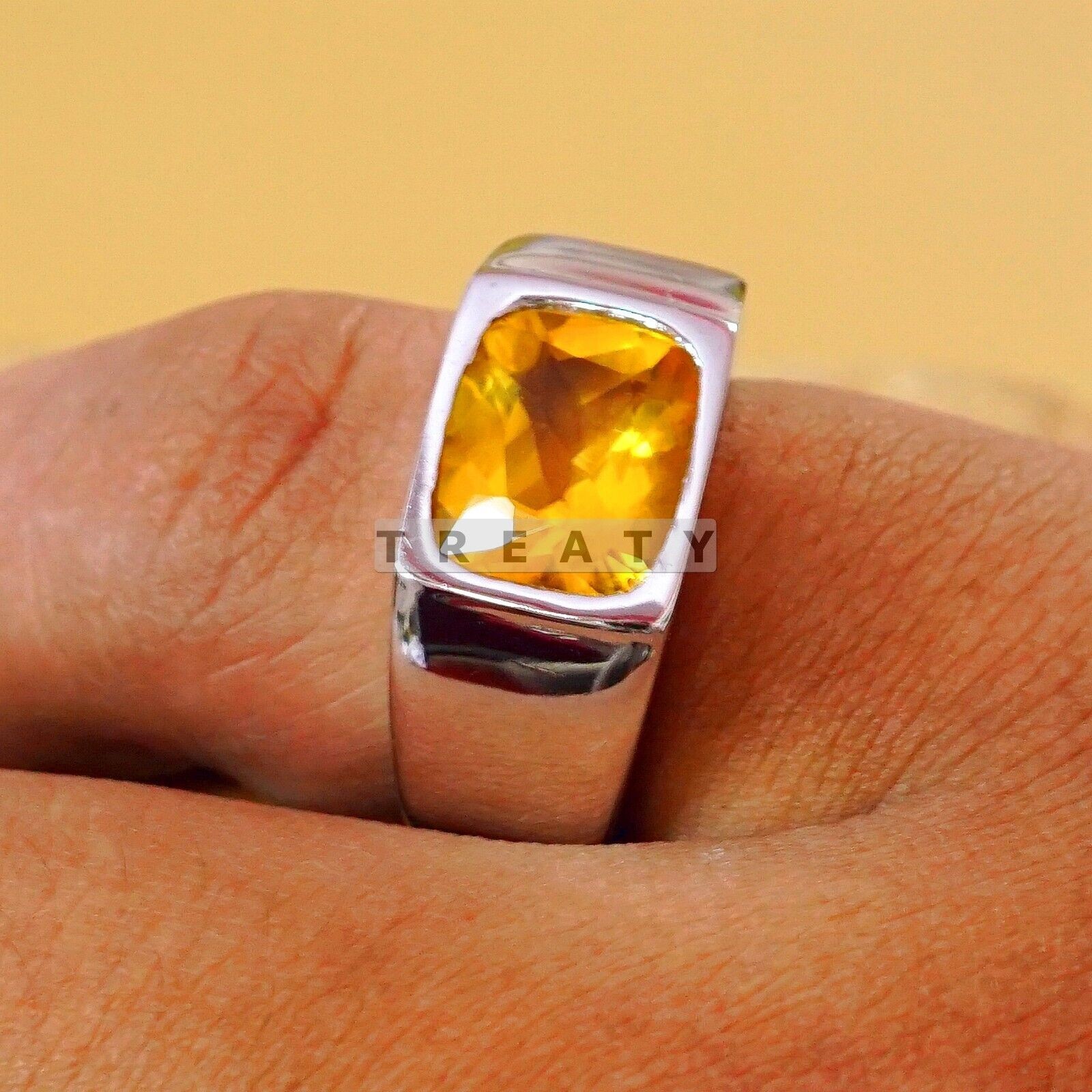 Citrine Cushion Cut With 925 Sterling Silver Gold Plated Ring For Men’s #B793