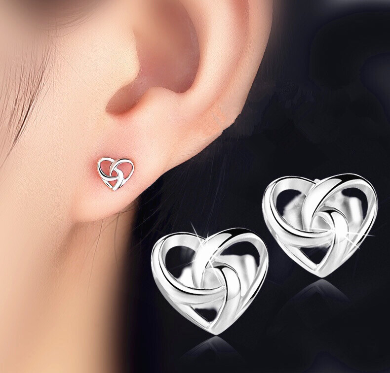 Fashion 925 Sterling Silver Love Heart Stud Earrings
