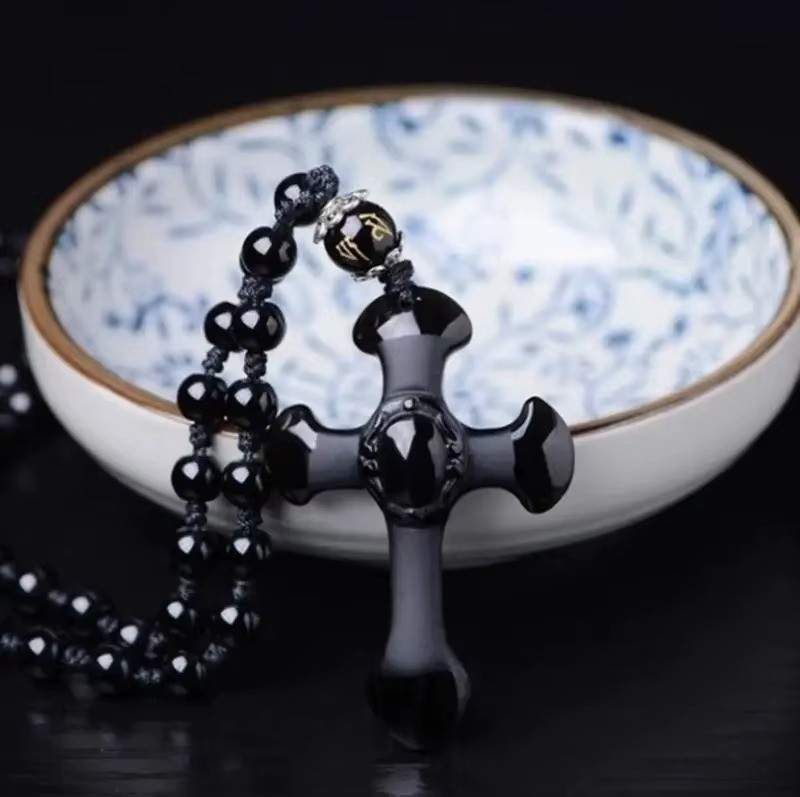 Natural crystal black obsidian cross necklace Amulet pendant with chain