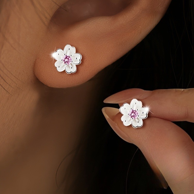 Women’s Elegant Pink Rhinestone Ear Studs Cherry Blossom SMALL Earrings Copper