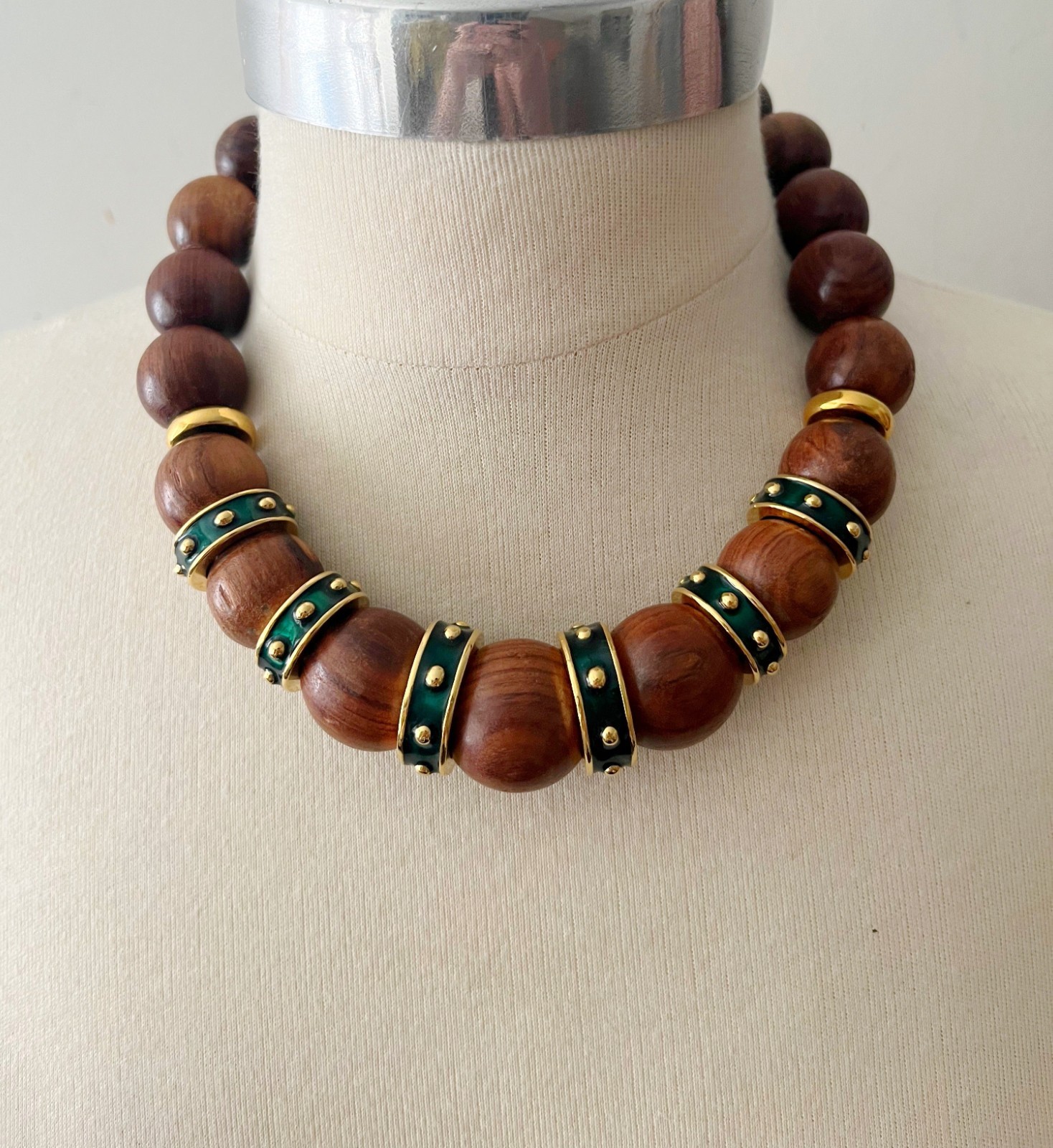Rare Vintage Yves Saint Laurent YSL Wood Beaded Necklace Green Enamel Gold
