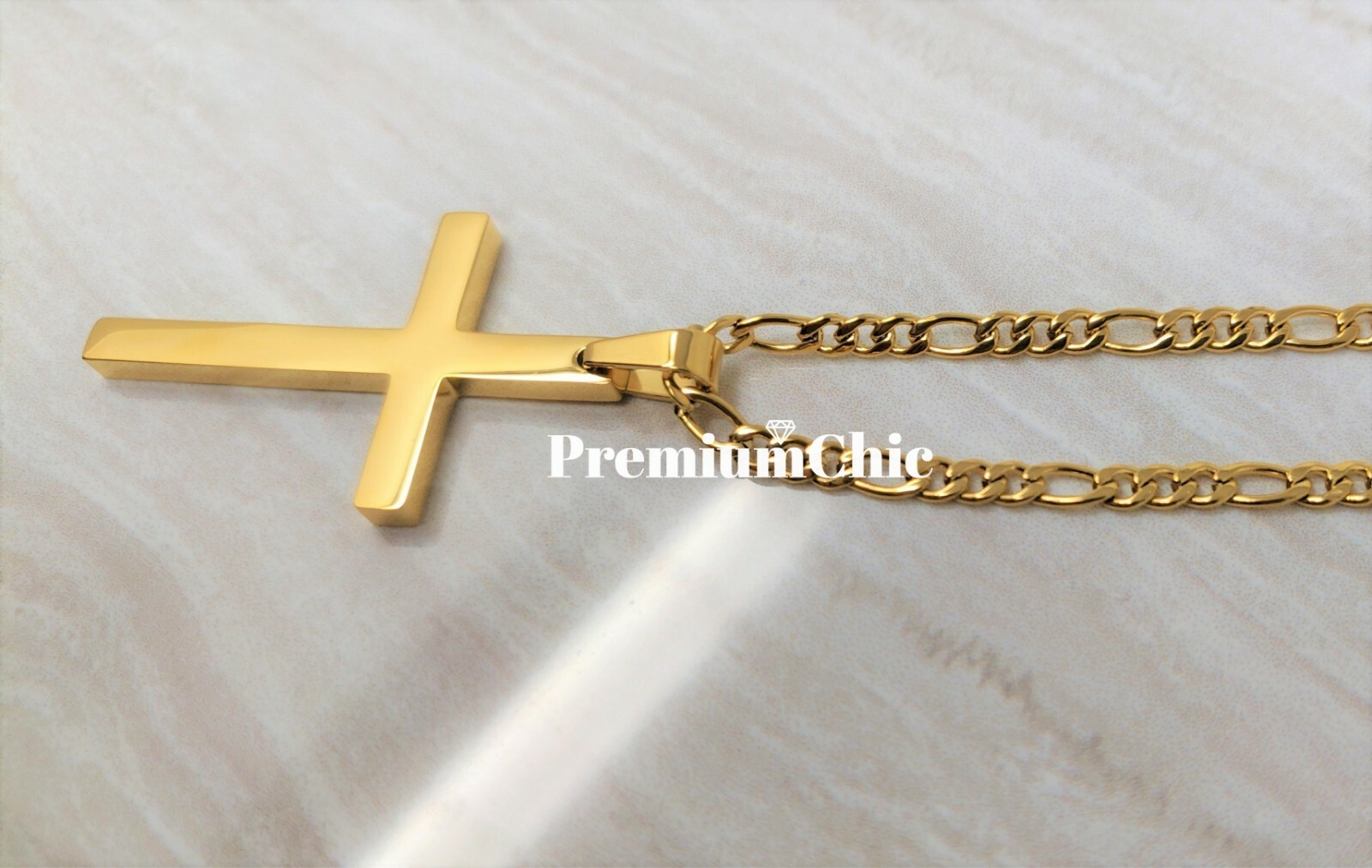 Unisex Stainless Steel Gold Plated Figaro Chain Necklace w Cross Pendant Jewelry