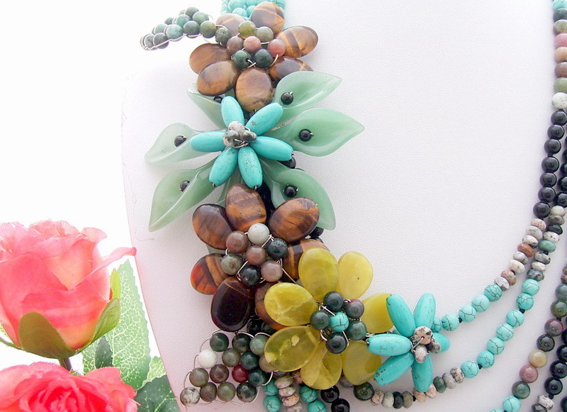 21″ Turquoise Agate Onyx Tigers Eye Statement Necklace