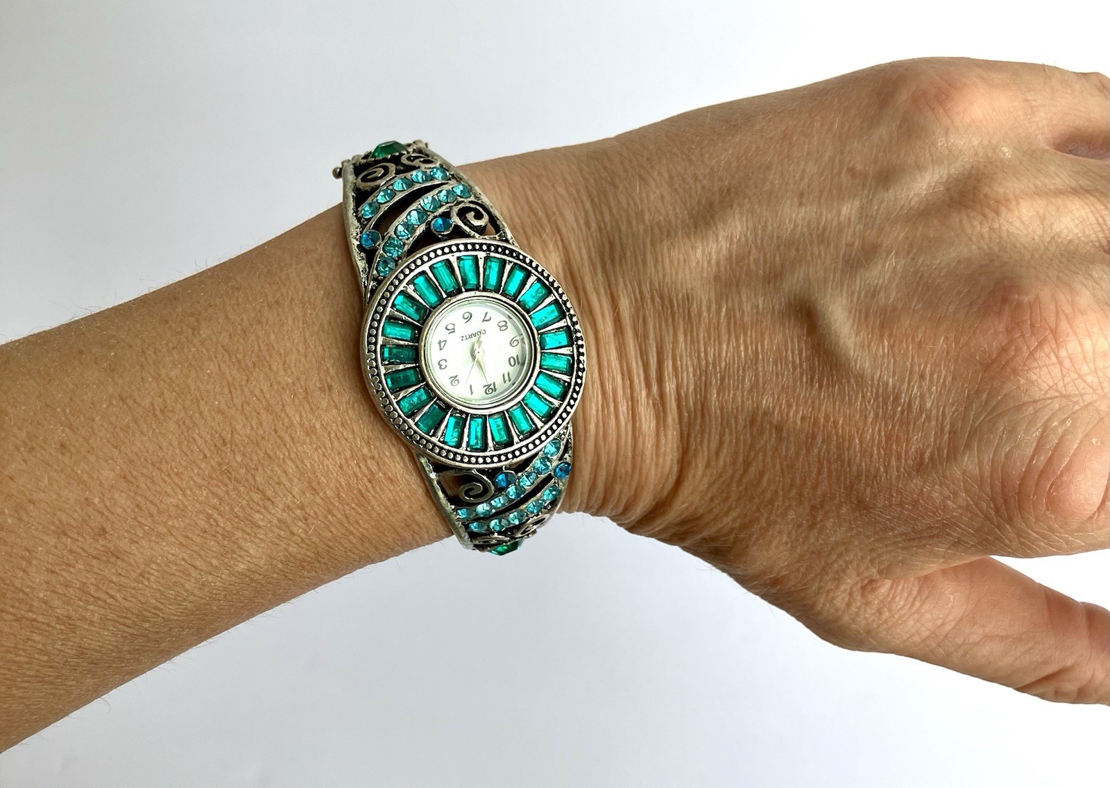 Teal Rhinestone Cuff Hinge Bracelet Quarts Watch Silver Tone Costume Jewelry