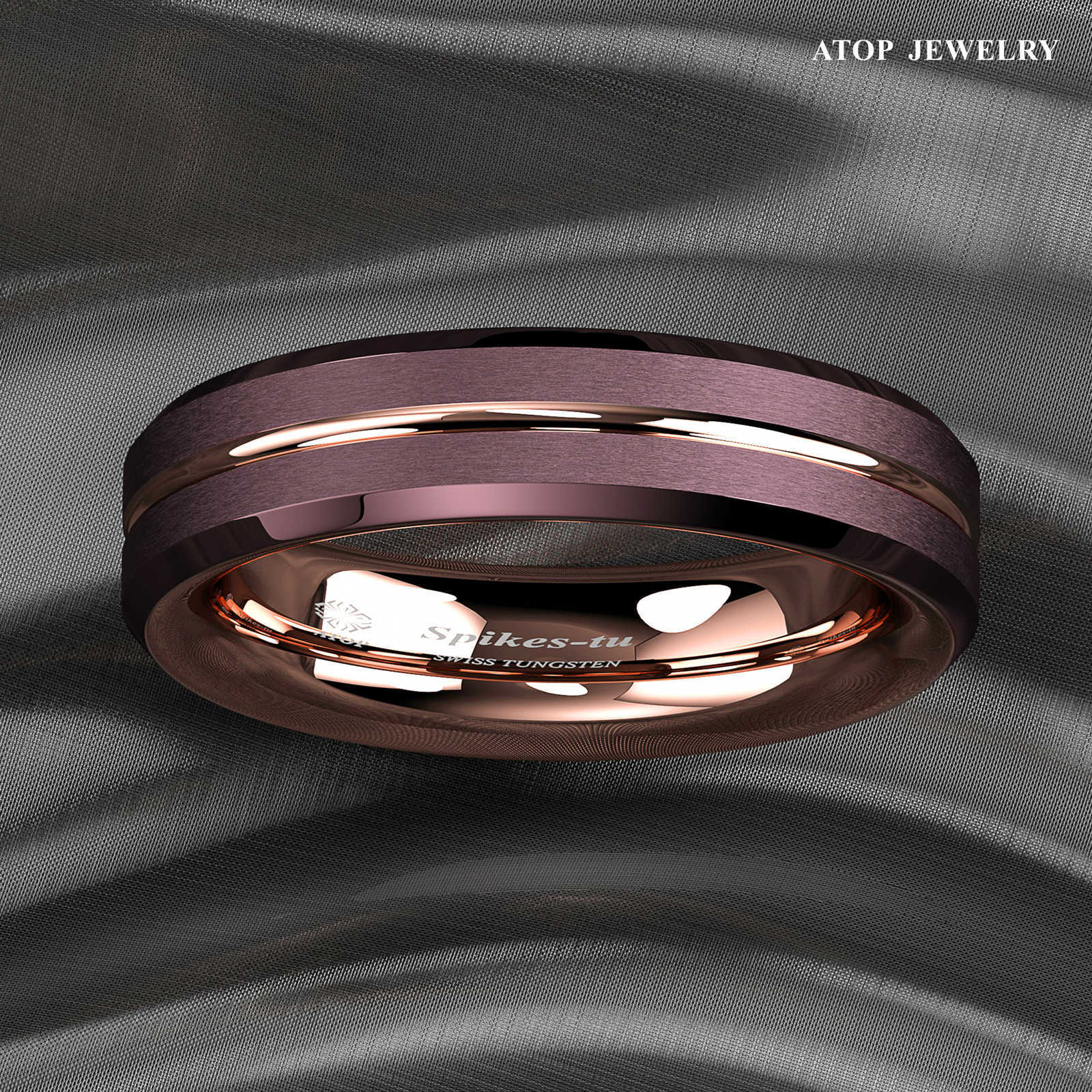 8/6mm Plated Metal Tungsten Mens Ring Rose Gold Groove Stripe ATOP Wedding Band