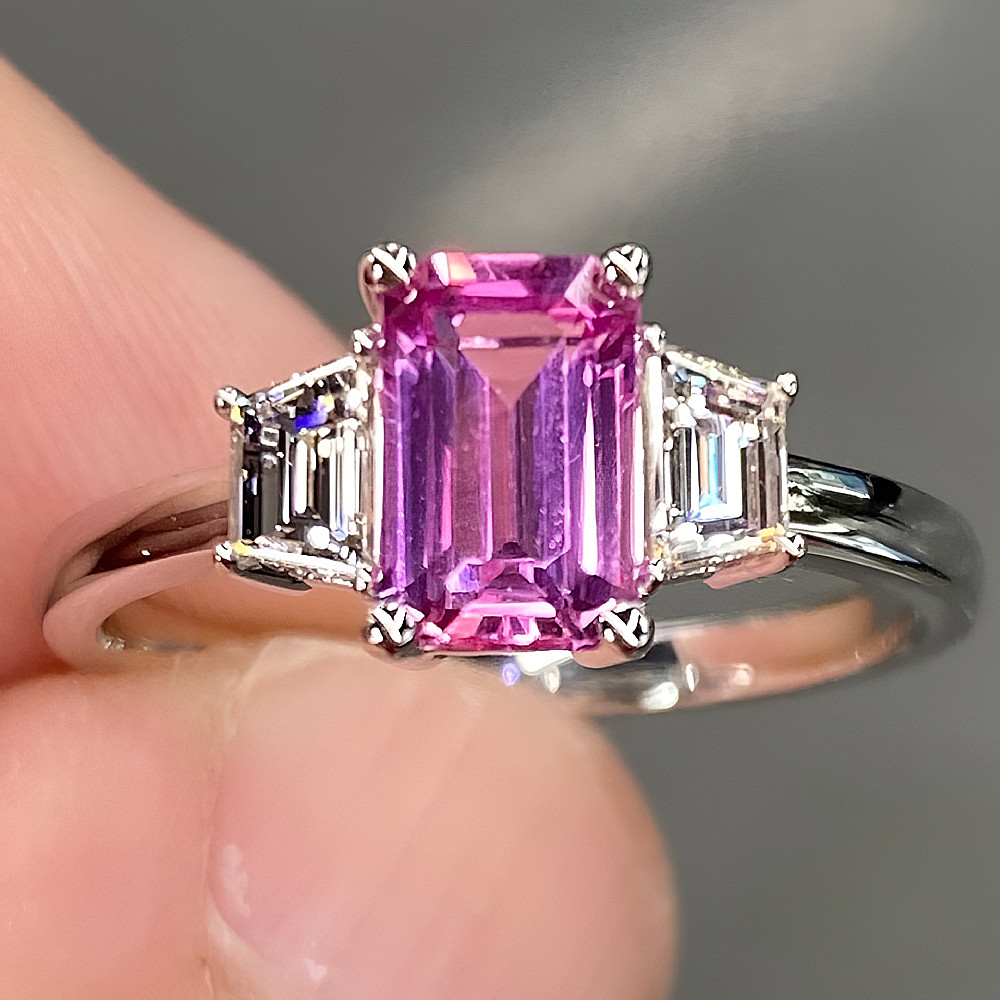 14K White Gold Wedding Ring Lab Created Pink Sapphire Diamond 2.80 Carat Emerald
