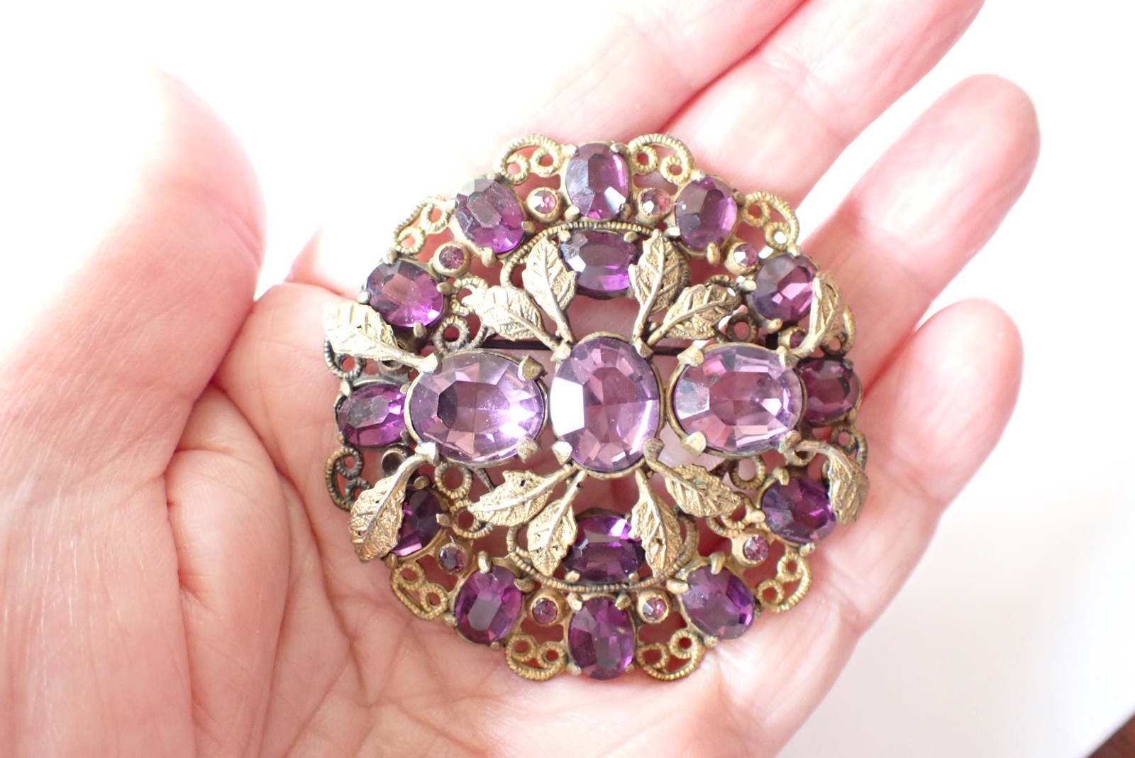 Vintage Czech Gold Tone Filigree Brooch W/ Purple Open Back Rhinestones Paste