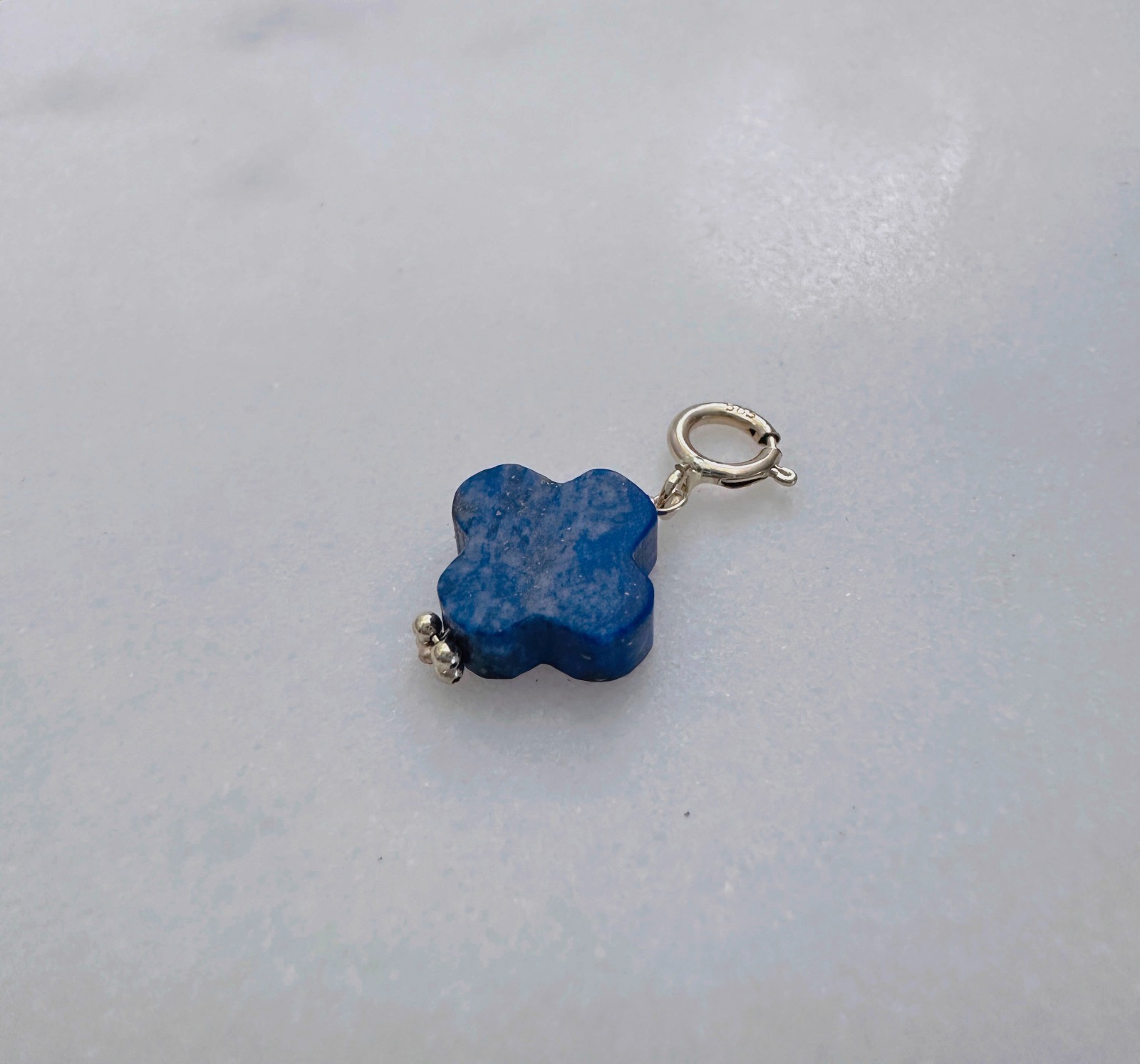 14K Solid Yellow Gold Lapis Lazuli Clover Small Charm Pendant w/Spring Clasp