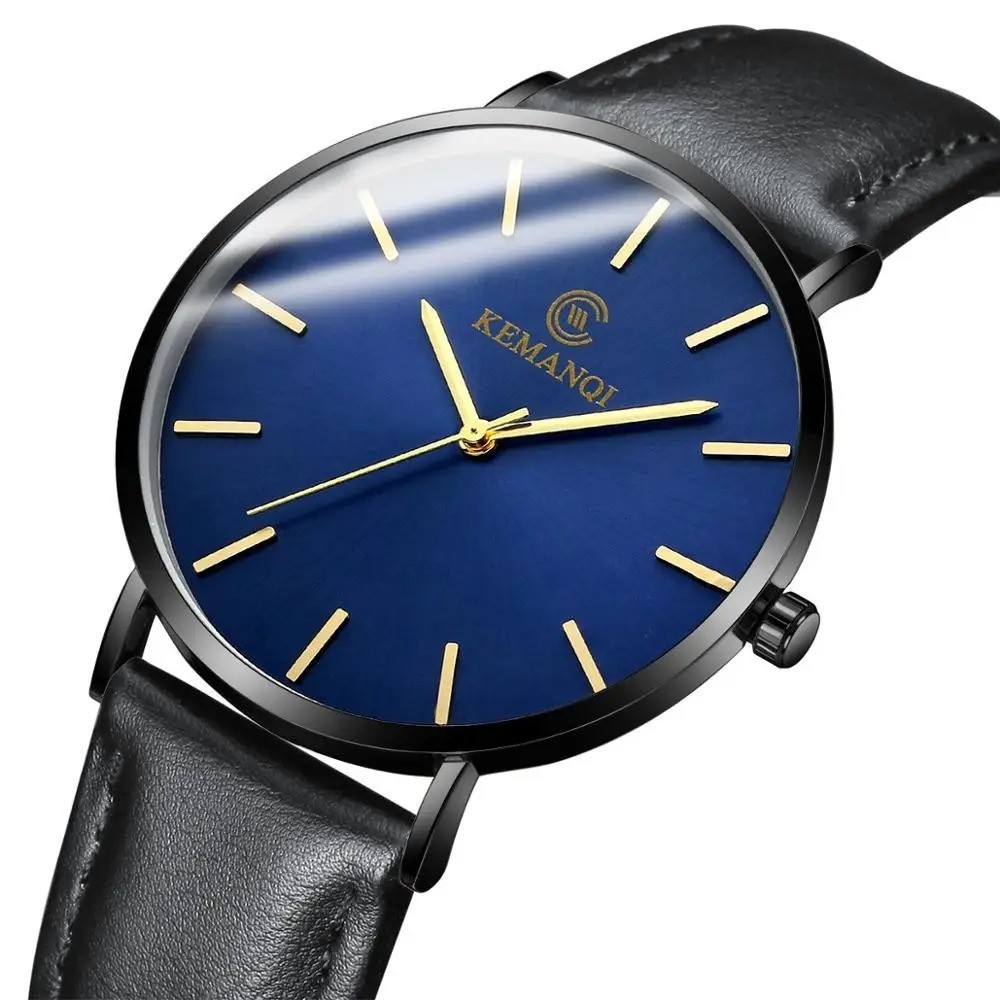 Men Trendy Ultra Thin Minimalist Watch Slim Leather Strap Stainless Steel Quartz