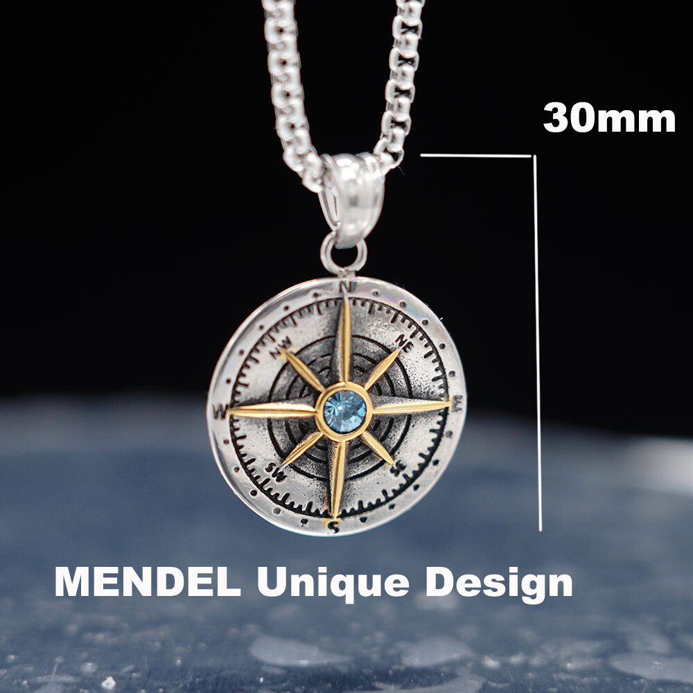 MENDEL Mens Womens Blue CZ Stone Nautical North Star Compass Pendant Necklace