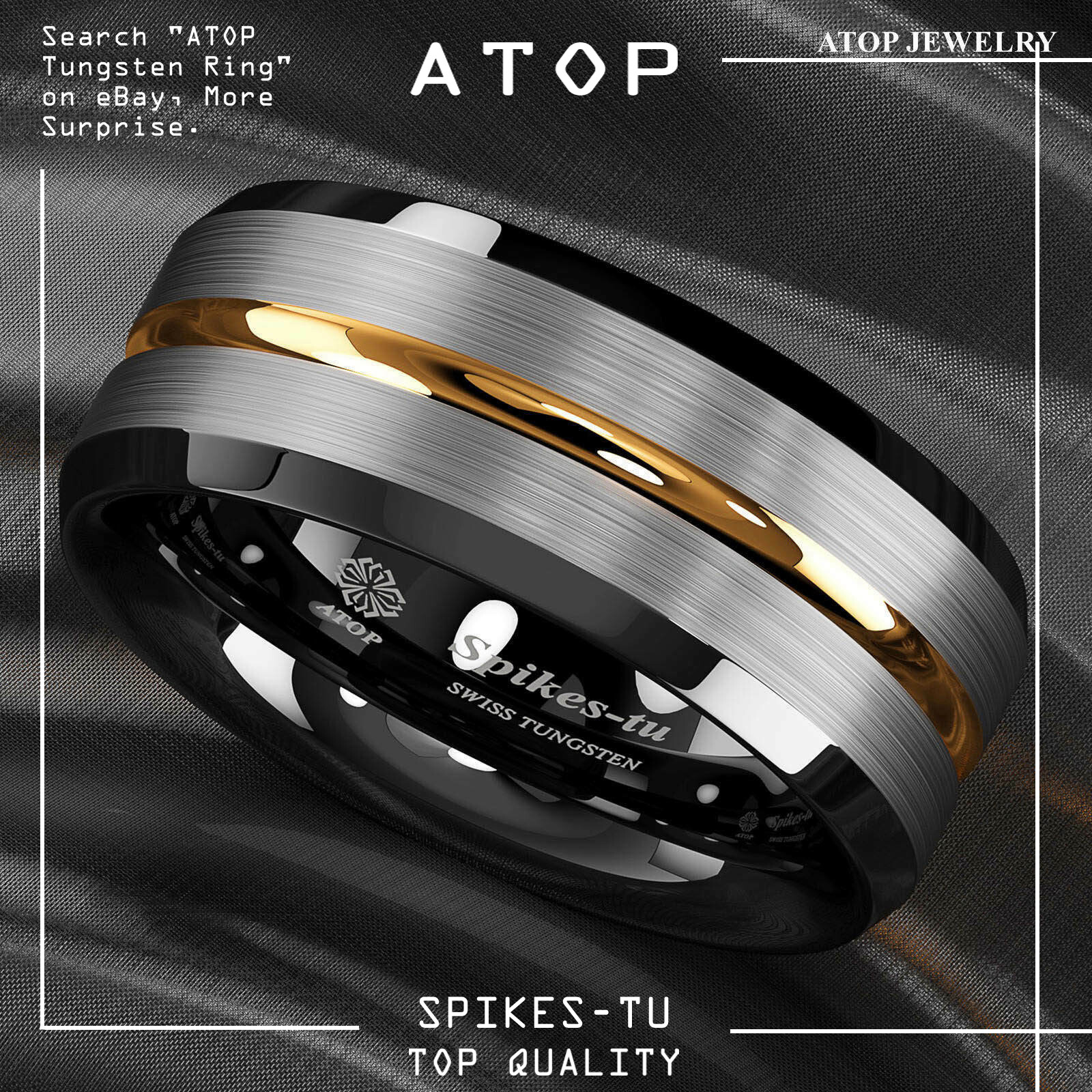8/6Mm Silver Brushed Black edge Tungsten Ring Plated Metal ATOP Men wedding band