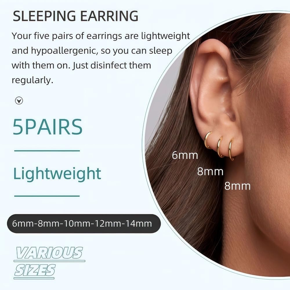 5 Pairs 14K Gold Plated Huggie Hoop Earrings for Women – Lightweight Minimalist