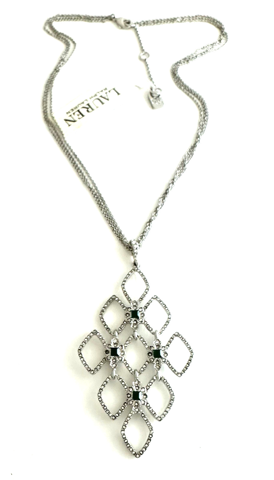 LAUREN Ralph Lauren Silver-Tone Pave Green Crystal Pendant Necklace 17″ + 2″ext