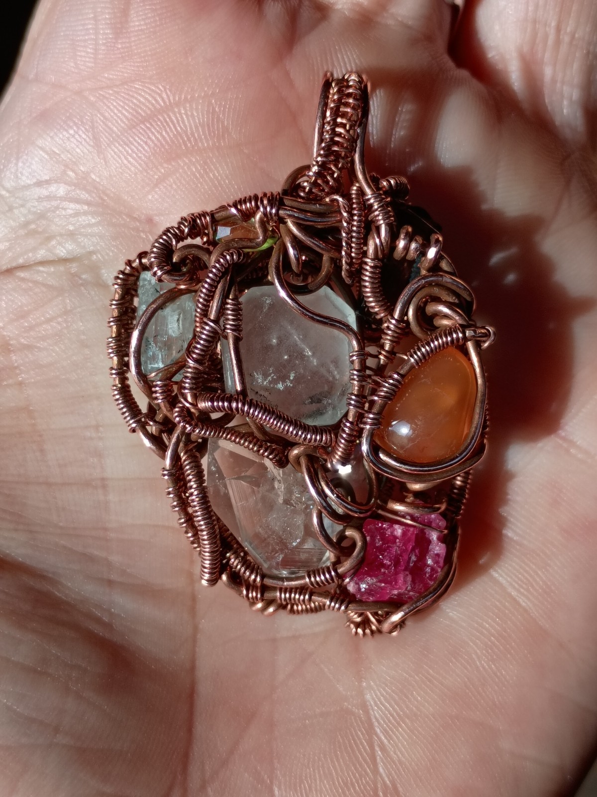 Multicolor Multiple Gem Stone Pendant Necklace Copper Wirewrap Amulet