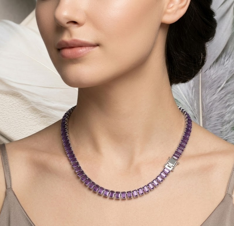 Purple Emerald Cut Tennis Necklace, Amethyst Choker, In 925 Sterling Silver